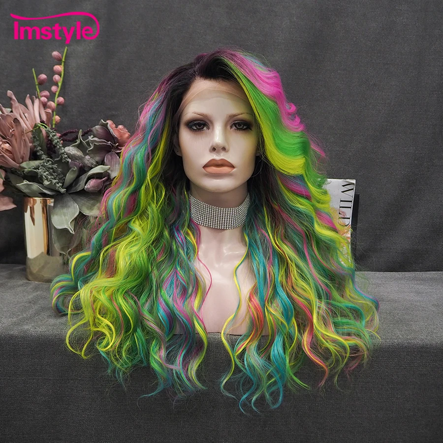 Imstyle Rainbow Wig Green Synthetic Lace Front Wig Heat Resistant Fiber Glueless Deep Wave Mixed Colorful Wigs For Women Party