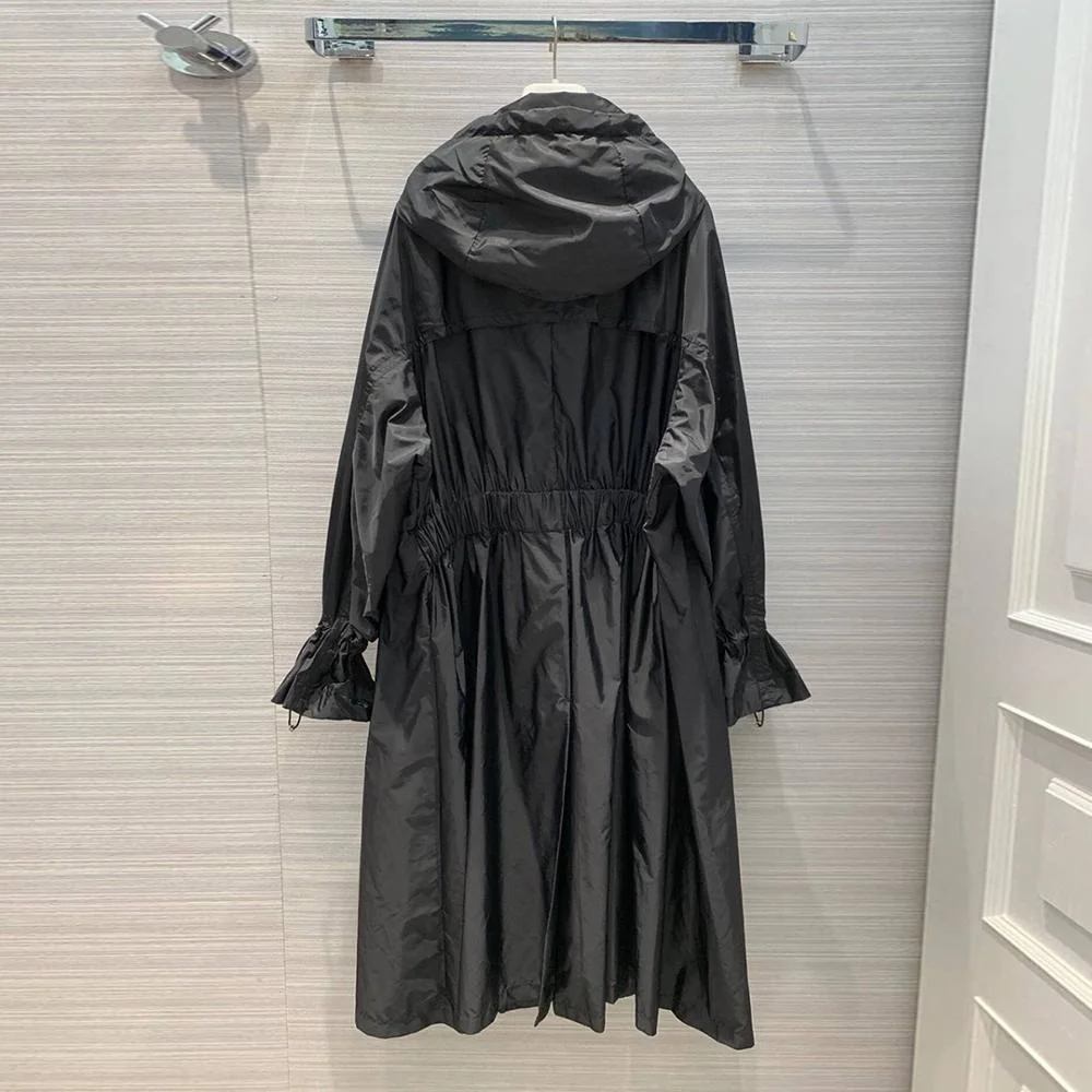 

High-end Long Coat Women Hooded Runway Flare Sleeve Zipper Drawstring Trench Fashion Luxury Casual A-line Loose Coats New