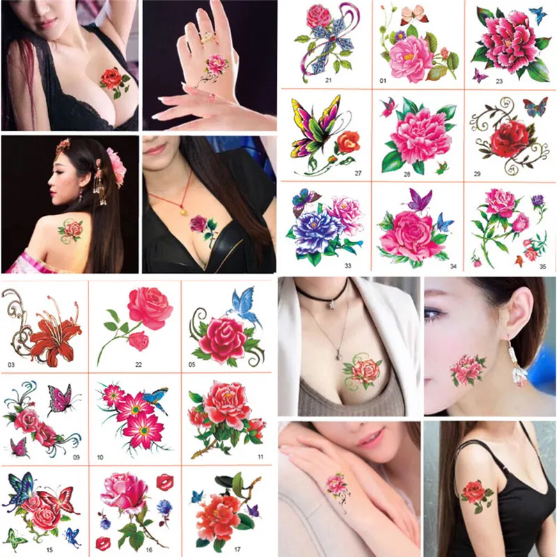66 шт./компл. Сексуальная Роза цветок временная татуировка Горячая маленькая