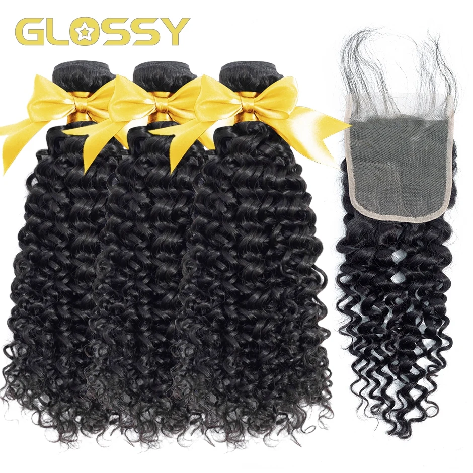 

GLOSSY Water Wave Brazilian Human Hair Bundles with 4x4 Lace Front Frontal Hair Weaving 3 Bundles Natural Black Hair Extension