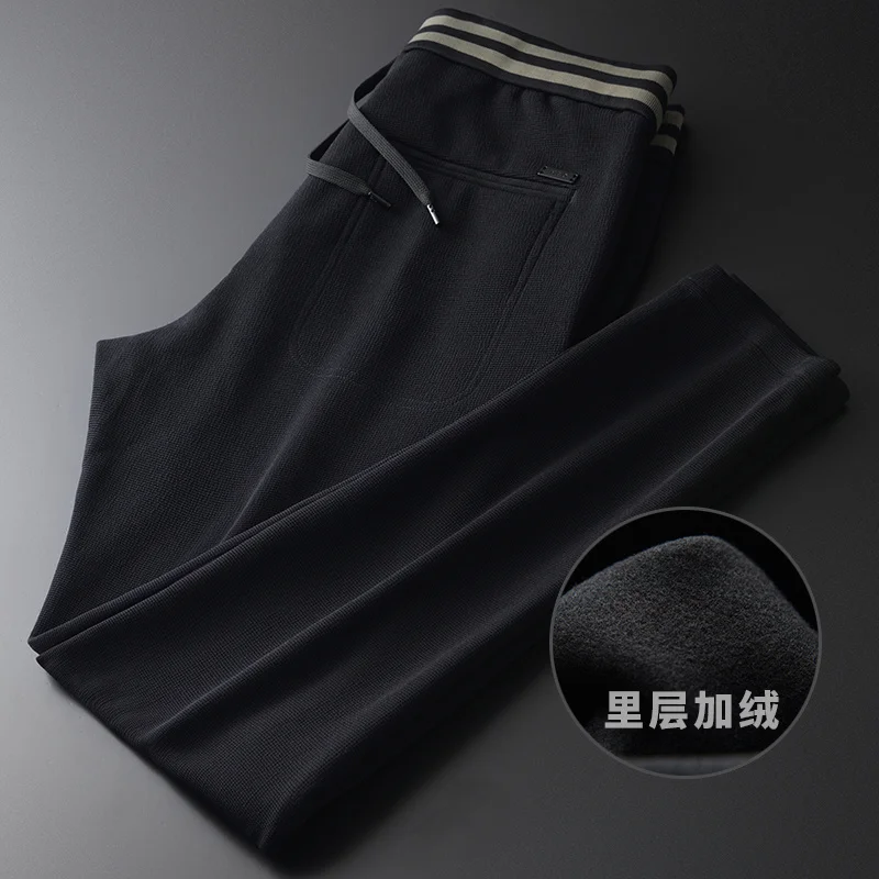 

Men's Plush thickened contrast rib casual pants men's fashion drawstring elastic waist black straight pants men's