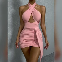 drawstring halter neck party dresses ruched bandage short sexy club night birthday outfits for women skinny mini summer dress