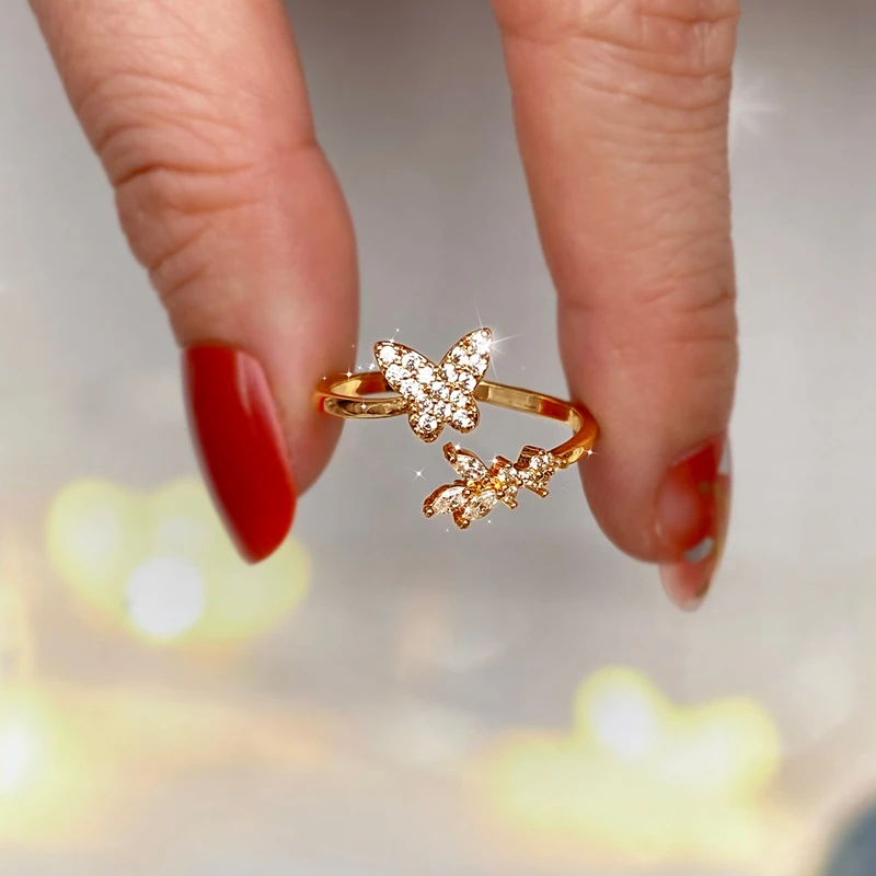 

KISSWIFE NEW Cute Butterfly Heart Crystal Rings For Women Girls Adjustable Open Golden Rings 2021 Trend Fashion Jewelry Gifts