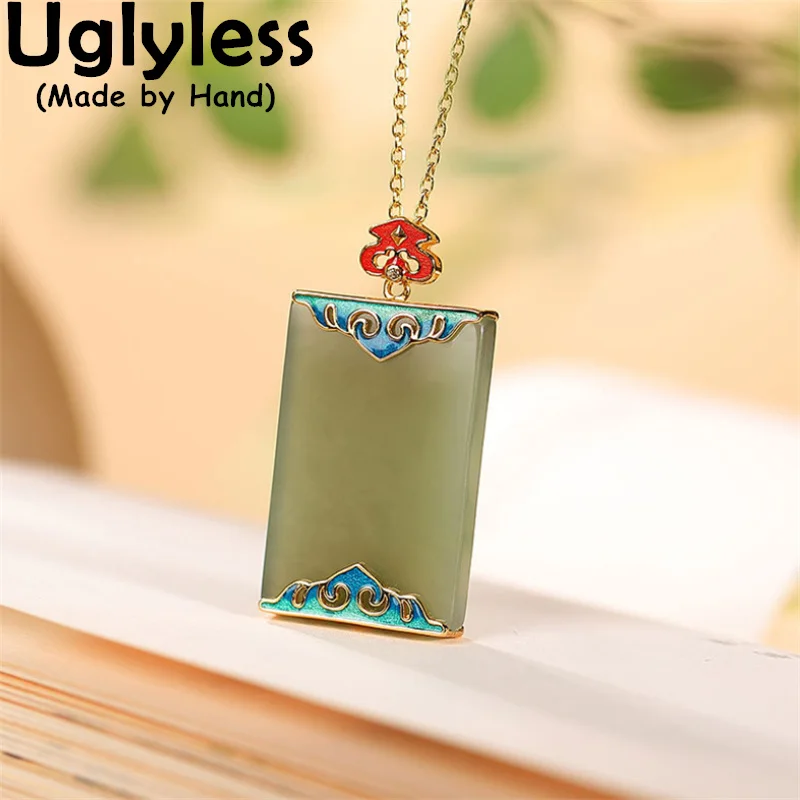 

Uglyless Vintage Enamel Jewelry for Women Big Size Blank Gemstones Jade Pendants Geometric Square Necklaces 925 Silver NO Chain