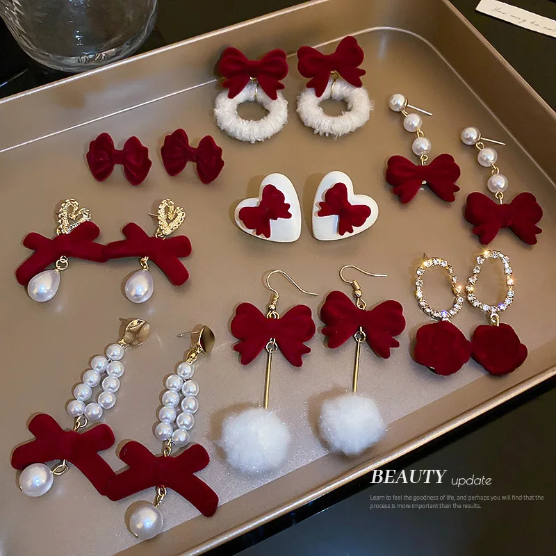 

S925 Needle Red Flocking Bow Pearl Heart Drop Earrings For Women Girl Sweet Crystal Dangle Earrings Party Jewelry Wholesale Gift