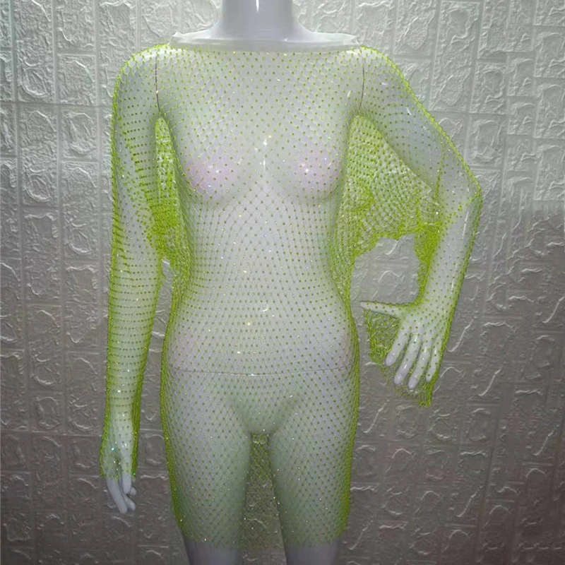 Сетчатые блестящие стразы платье с длинным рукавом и круглым вырезом прозрачное