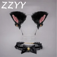 zzyy black cat ears cosplay accessories set lolita sexy lace collar kawaii headband cute gothic decor pink headdress soft 2021