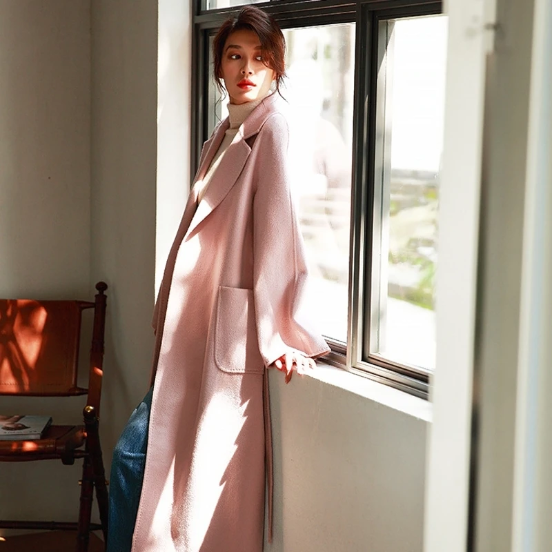new 2020 arrival classic robe style belted long handmade double faced wool cashmere coat women | Женская одежда