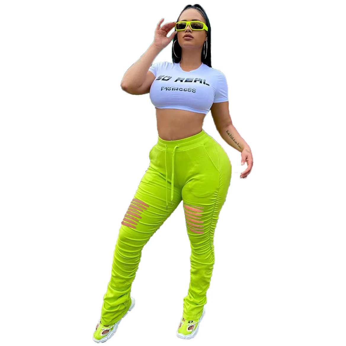 

Plus Size Neon Green Hole Stacked Joggers Women Stretch High Waist Bell Bottom Sweatpant Casual Bodycon Flare Trouser Leggings
