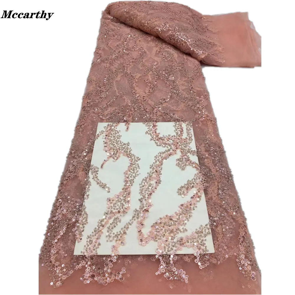 

Mccarthy African Tulle Fabric Sequins Beads French Nigerian Fabric 5 Yards High Quality Glitter Fabric For Wedding Dress Sewing