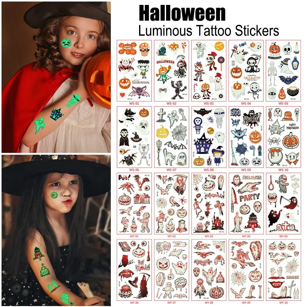 

10PCS New Child Children Kid Body Art Sticker Glow In Dark Fake Tattoos Halloween Temporary Tattoo Stickers Luminous
