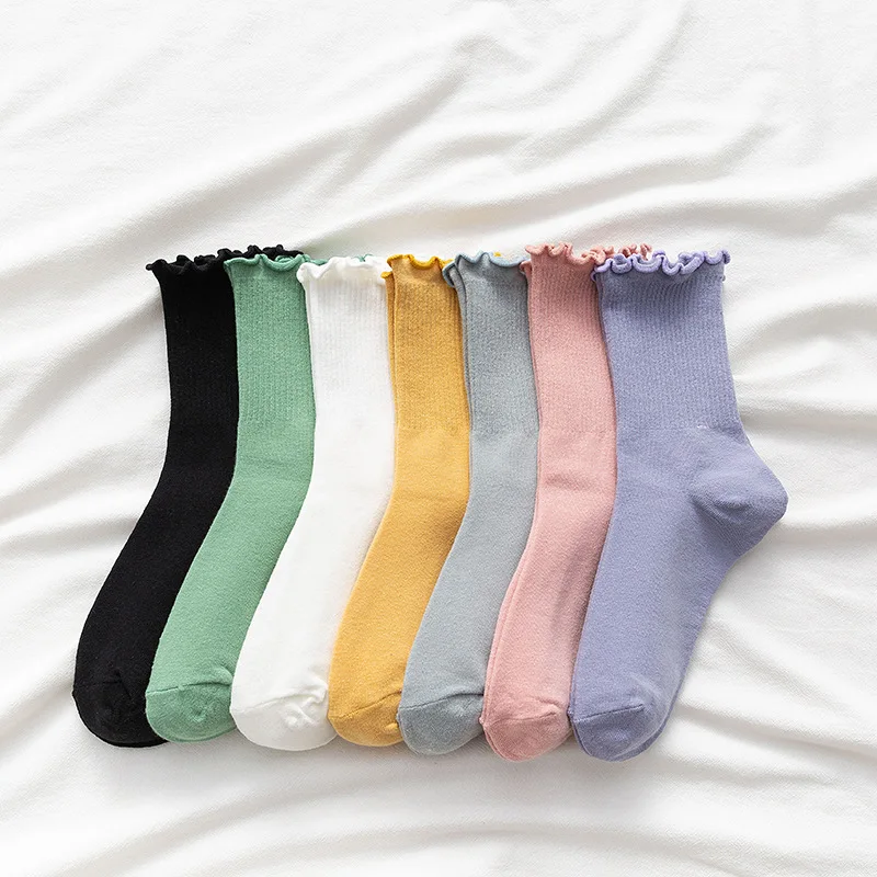 

Women Kawaii Cute Frilly Ruffle Socks Summer Cotton Breathable Korean Japanese Fashion Candy Color Crew cotton Socks Female