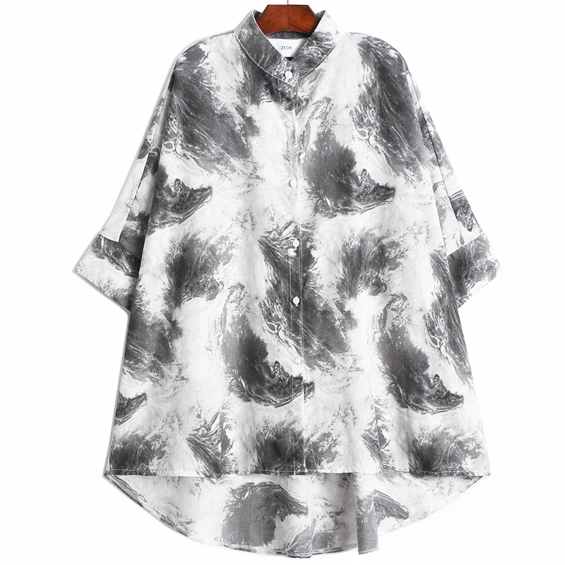 

VANOVICH Retro Stand-up Collar Women Shirts Wild Print Blouses and Tops Pluz Size Three-quarter Sleeve Chiffon Shirts 2021