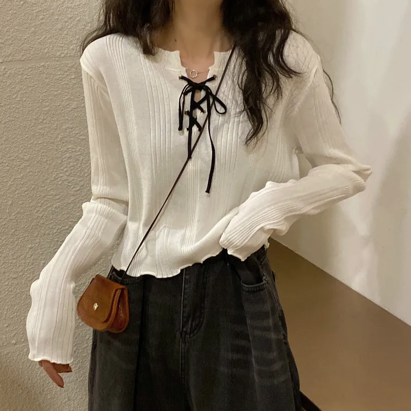

New Korean Fashion Clothing Bandage Long Sleeve Crop Top O-neck Knitted Ladies Tops Solid Casual Pullovers Sweaters for Women