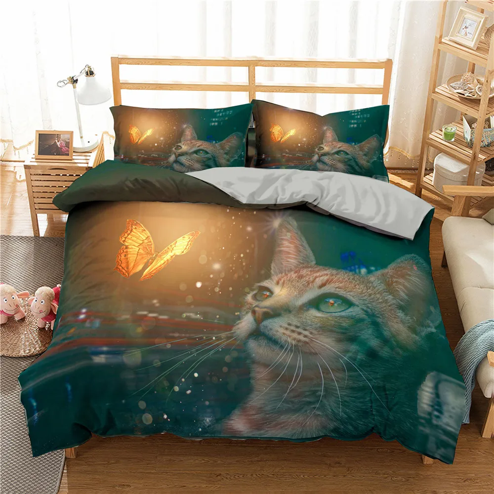 

King Size Home Textiles Cat And Butterful Bedding Set Printing Bedding Set 3D Bed room Decorative Single Twin Full Queen King