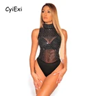 Женские прозрачные стринги CyiExi, черные облегающие Боди без рукавов с шипами и воротником, серебристые Стразы