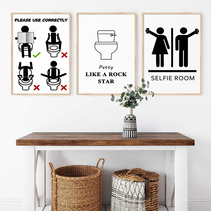 

Wall Art Funny Toilet Rules Sign Canvas Painting Mural Modern Black White Humour Picture Poster Prints Bathroom Home Decor