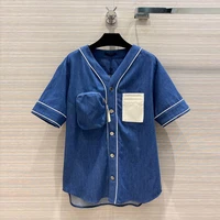 top quality denim blouse tops for women new fashion short sleeve v neck single breasted small bag decoration streetwear shirt
