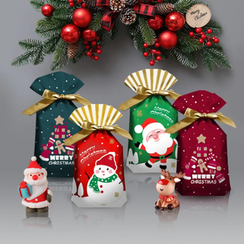 

10PCS Gift Drawstring Bags New Year 2022 Christmas Candy Packaging Santa Gift Bag Printed Gift Drawstring Bags
