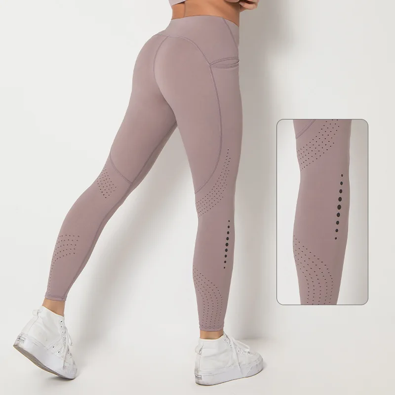 

2021 Women Yoga Leggings With Pocket Mesh Hollow Patchwork Seamless High Waist Workout Breathable Fitness Training Female Pants