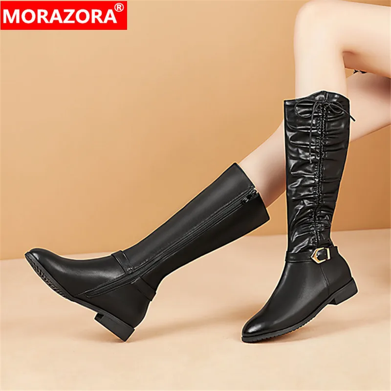 MORAZORA/; большие размеры 34-48; модные зимние ботинки до середины икры женские ботинки из мягкой кожи на низком каблуке с круглым носком Цвет черный, бежевый