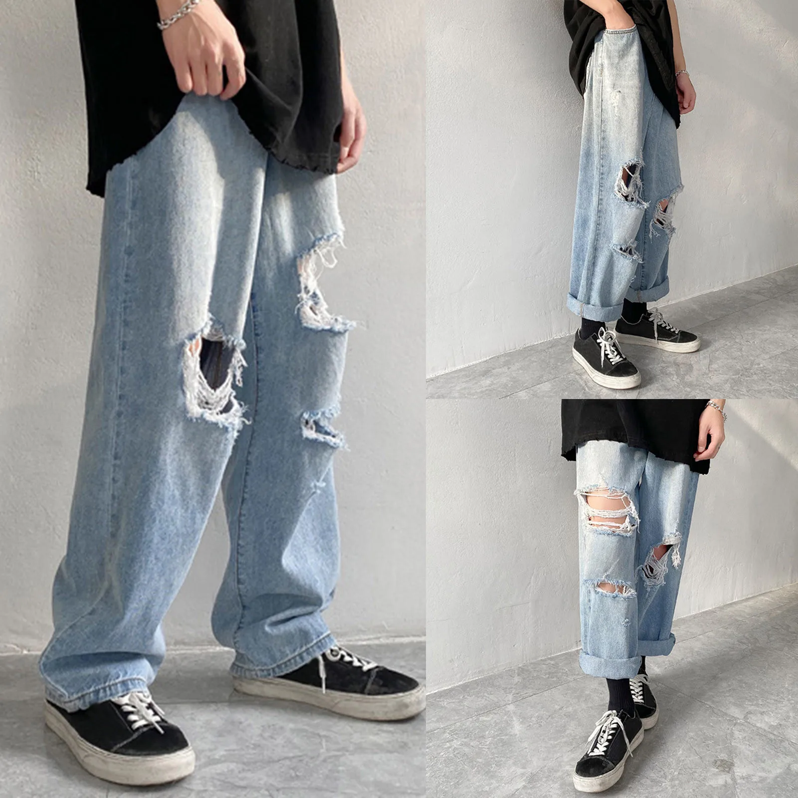 

Men Fashion Plus-size Loose Jeans Street Wide Leg Trousers Pants Fashionable Hole Design Comfy Jeans Free Shipping Штаны Мужские