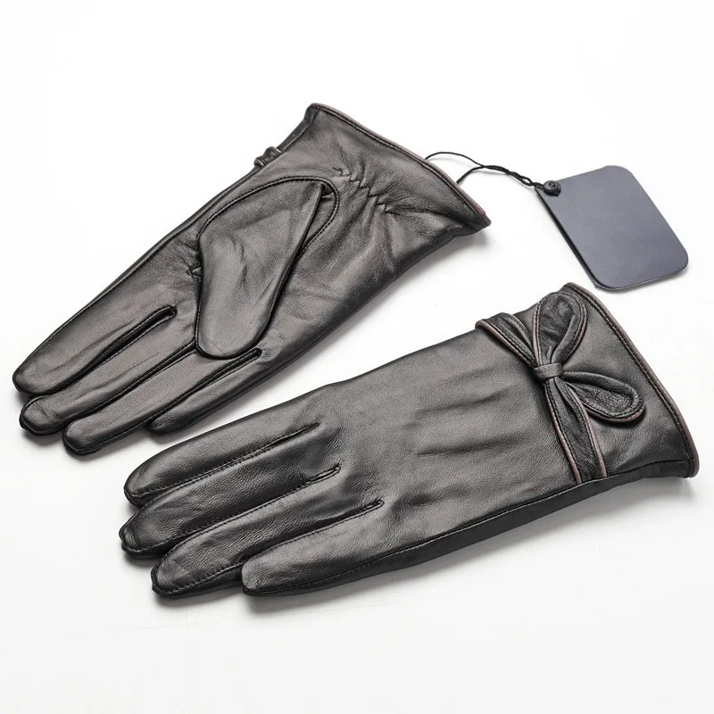 

Черные женские перчатки из натуральной кожи осень-зима женские зимние перчатки для вождения с бантом на запястье