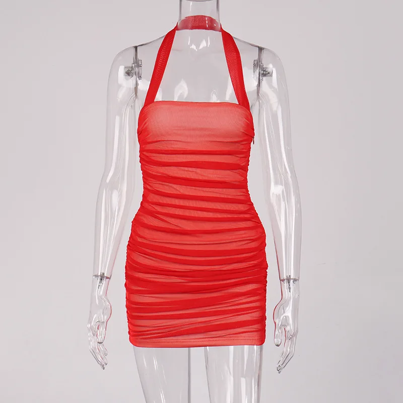 

The new 2021 spring speed sell through cross-border ladies European and American fashion sexy gauze fold dress in summer