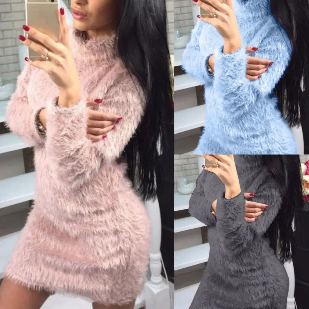 Women Sweaters Autumn Winter Solid Color Sexy Turtleneck Sweaters Long Sleeve Sweater Mini Dress Knitted Clothes Solid Dresses