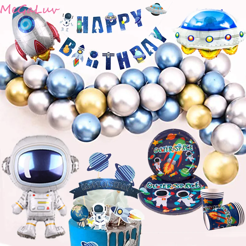 

Outer Space Theme Party Planet Astronaut Rocket Cake Topper Happy Birthday Cupcake Flag Decor for Children's Day Party Kid Gifts