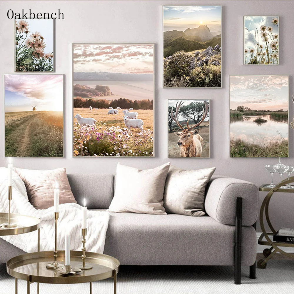 

Natural Animal Landscape Canvas Print Deer Sheep Wall Poster Grassland Posters Flower Nordic Wall Pictures For Living Room Decor