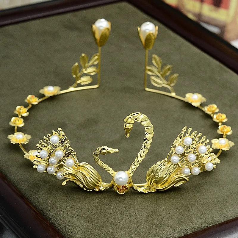 Золотая жемчужина двойной Лебедь короны головная повязка полный Циркон головные