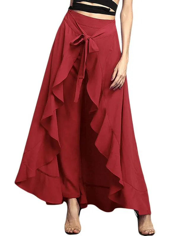 ROSEGAL Women Chiffon Skirt PantsKnot Tie Waist Ruffle Long Skirts Style Pants Elegant Wide Leg plus size 2019 | Женская одежда