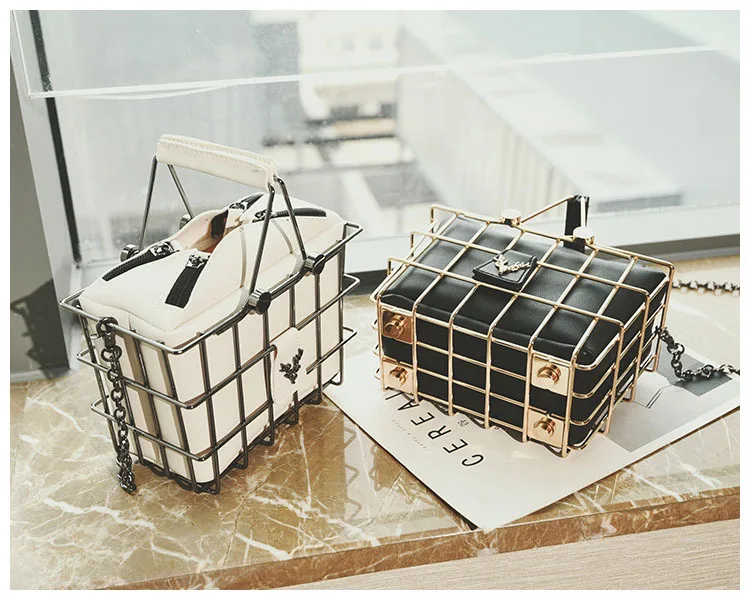 New All-Match Metal Frame leather Handbags Personality Bird Cage Crossbody Bags Women Casual Motorcycle Bag Iron Basket Handbag | Багаж и