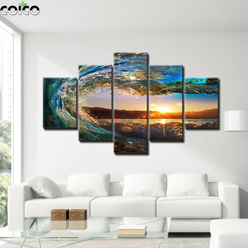 

5 piece Seascape Art Posters Print Canvas Painting 5 Panel Sunset Beach Nordic Modular Picture Home Decorative Wall Art Painting