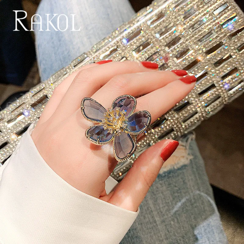 RAKOL New Arrival Big Crystal Gold Color Open Rings Leaf Flower Adjustable for Women Wedding Party Jewelry RRL1055 | Украшения и