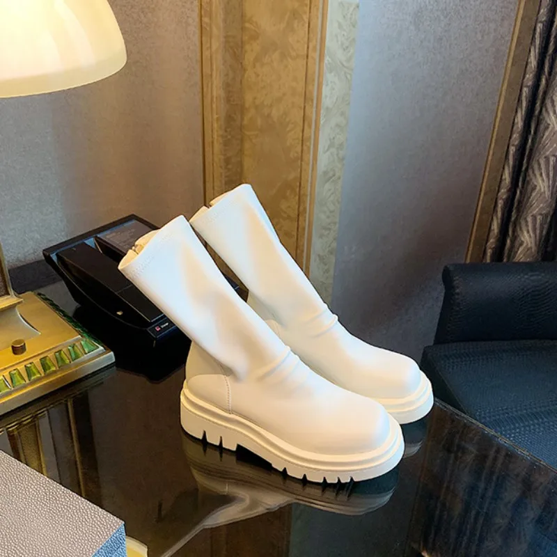 

New Spring Women Elastic Ankle Boots Round Toe Thick Platform Shoes Black White Ladies Motorcycle Biker Boots Fashion Punk Boots