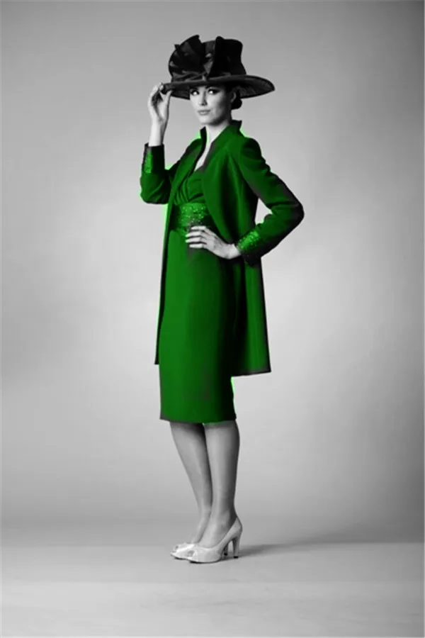 

green Mother Of the Bride Dresses with Long Sleeve jacket crystal chiffon Knee-length Women Formal Party Wedding Guest Dress