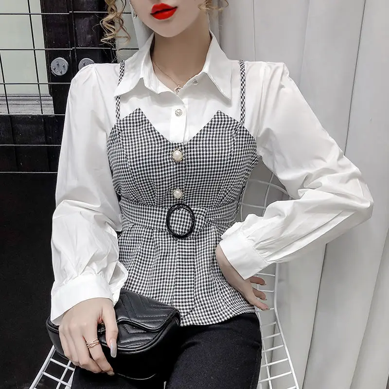

2021 New Spring Autumn Women Elegant Turn Down Collar Shirts Ladies Slim Fake Two Piece Lace Up Striped Patchwork Blouses A153