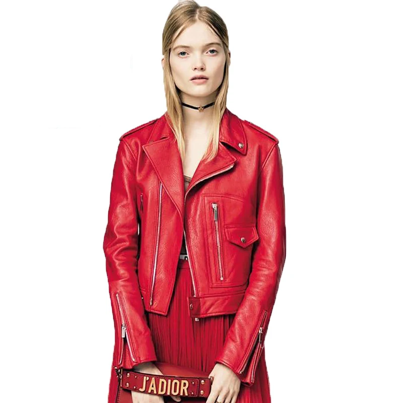 Women Automotive Genuine Leather Jacket and Coats Red and Black High Street Real Sheep Leather Jackets Ladys Fashion Streetwear