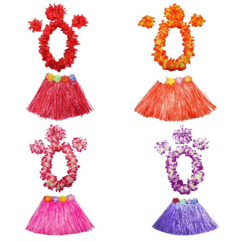 

Hula Fancy Dress Costume Set Lei Headband Flower Garland Wristband Hula Skirt Hawaii Summer Holiday Party Wedding