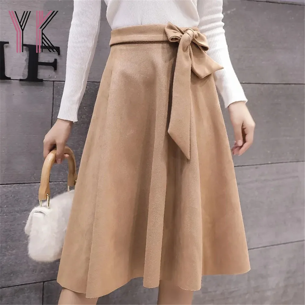 

Suede Sashes Lace Up Solid Color Khaki Black Midi A-Line Skirts Korean Elegant Office Lady Skirt Autumn Winter Warm Vintage Saia