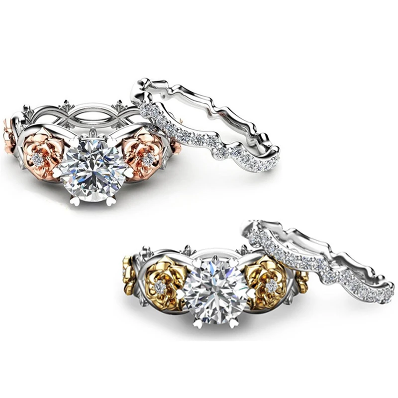 

2021 New Rose Flower Double Color Zircon Ring Set For Women Rose Gold/Gold Color Female Jewelry Engagement Valentine Party Gifts