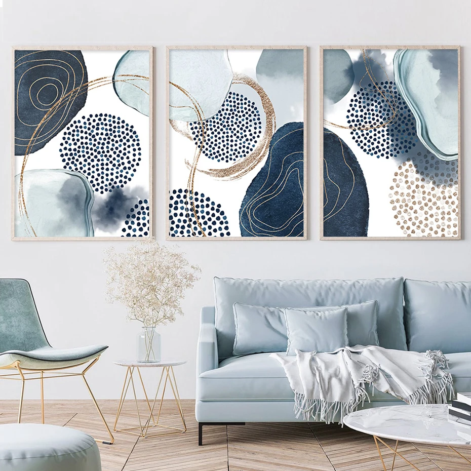 

Abstract Watercolor Blue Geometric Gold Line Canvas Paintings Poster and Prints Wall Art Modular Picture for Living Room Decor