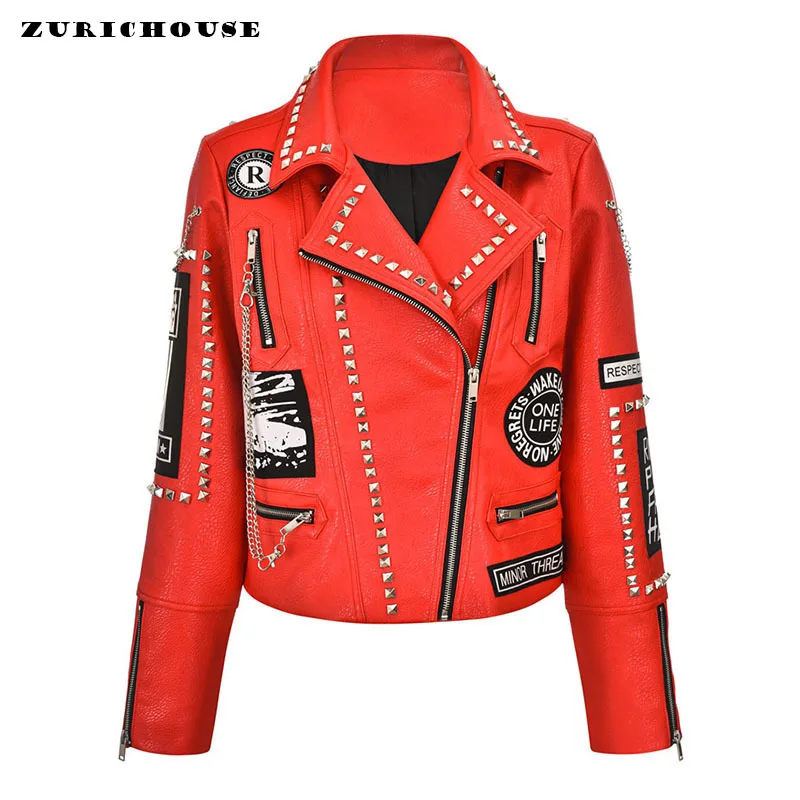 ZURICHOUSE Trend Red PU Leather Chain Rivet Jacket Women Lapel Slim Short Streetwear Punk Style Motorcycle Leather Jacket