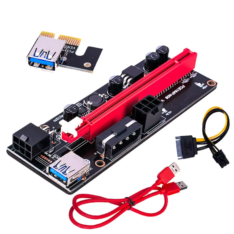 10 pcs VER009S PCI-E Riser Card 009S PCI Express PCIE 1X to 16X Extender 1M 0.6M USB 3.0 Cable SATA to 6Pin Power for Video Card