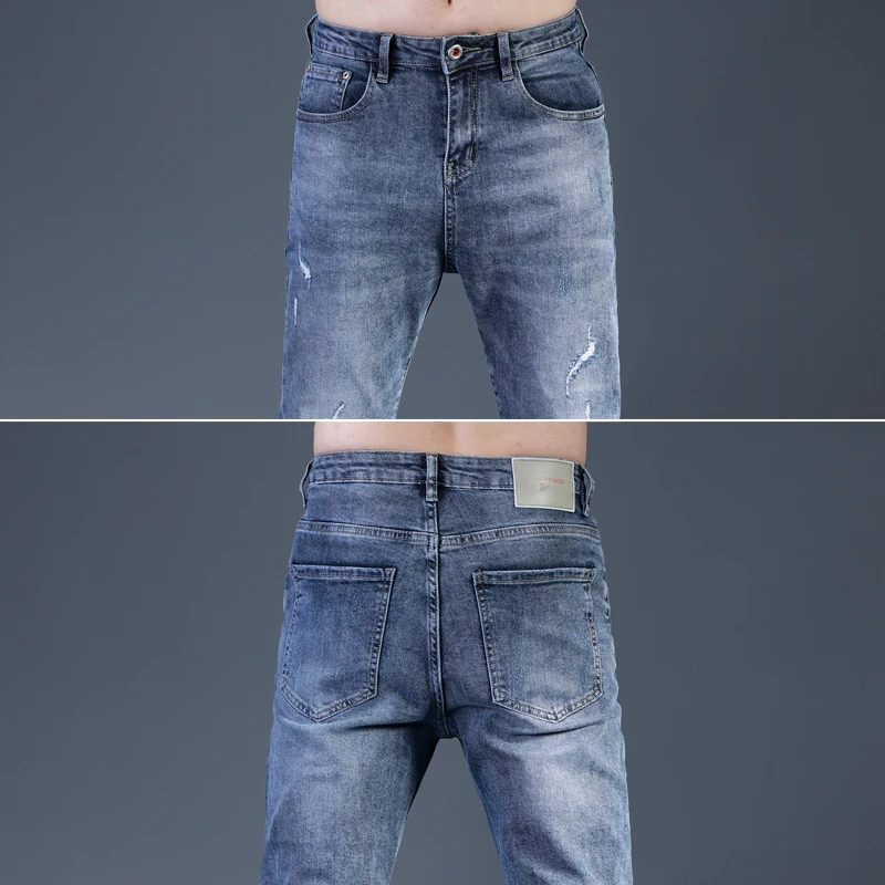 

2021 New Ripped Jeans Men Blue Denim Trousers Casual Slim Fit Pencil Pants