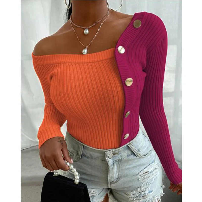 

Elegant Patchwork Pullover Spring Autumn Women 2021 Chic Solid Knitted Tops Sexy Off Shoulder Long Sleeve Bodycon Casual Sweater