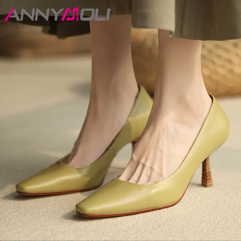 

ANNYMOLI Natural Genuine Leather High Heels Shoes Women Sheepskin Stiletto Heel Pumps Square Toe Office Footwear Ladies Apricot