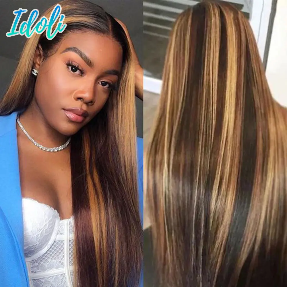 

Straight Highlight 4/27 Lace Front Wig Blonde Ombre Brazilian Body Wave Human Hair For Black Woman TPart Lace Closure Wigs Idoil
